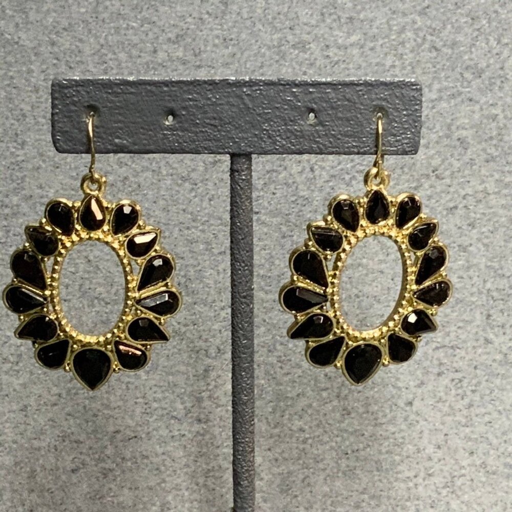 Hoop Dangle Pierced Earrings Exotic Gold Onyx Black Retro Vintage 80s 90s Y2K